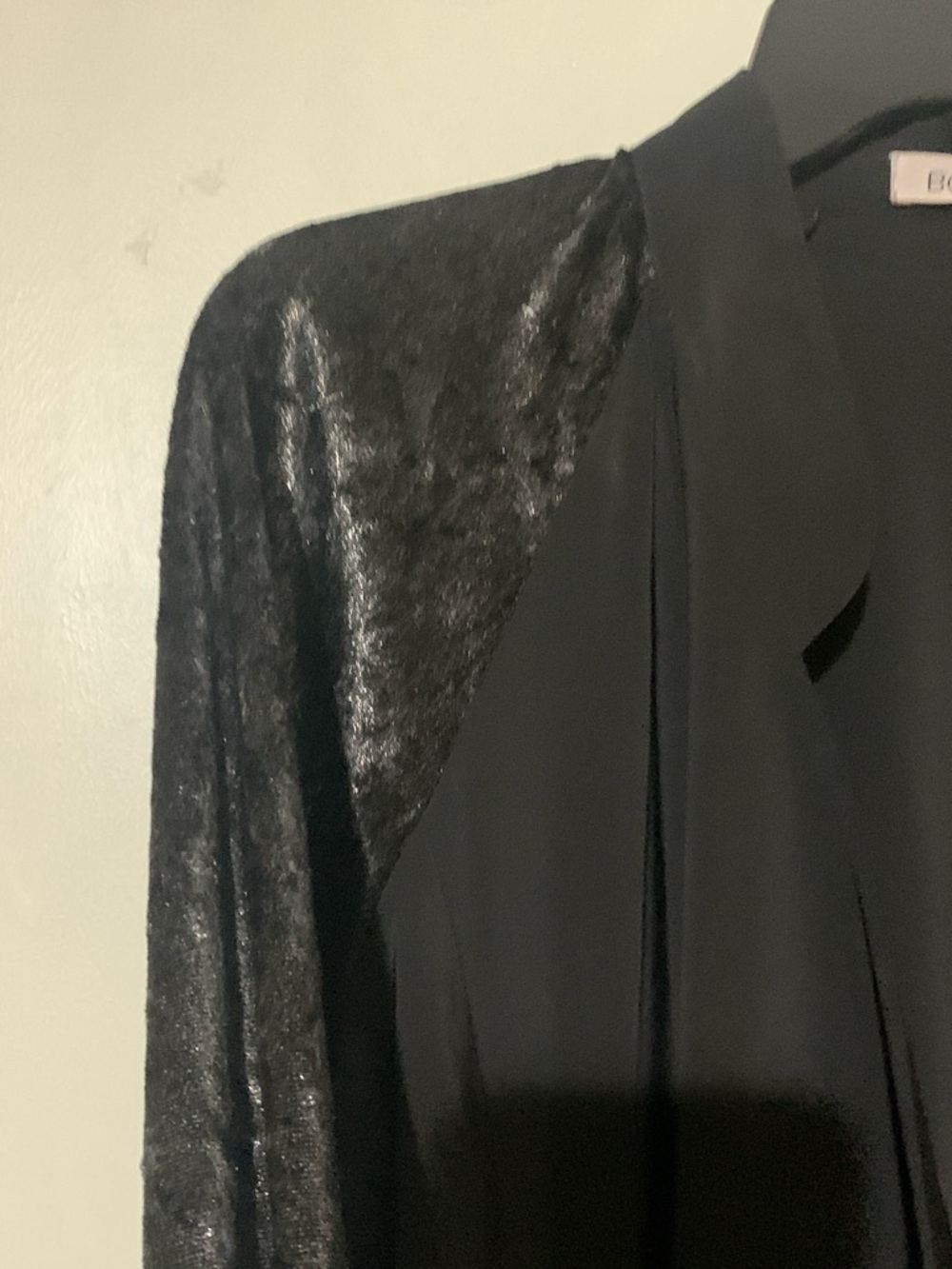 BCBGMaxAzria Black Draped Open-Front Blazer with Shimmery Sleeves - Picture 3 of 5